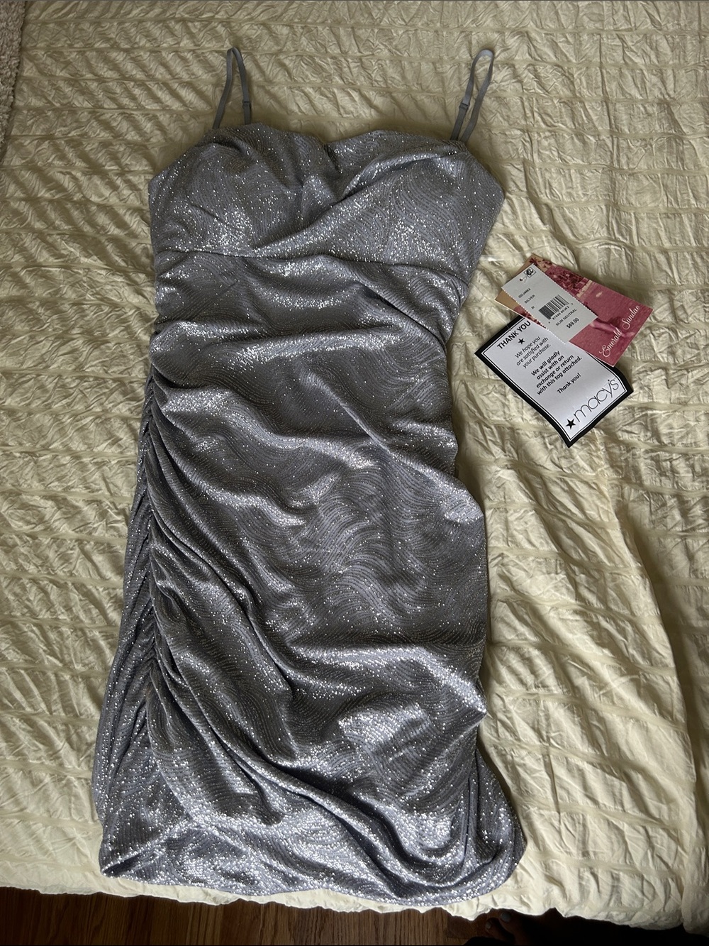 Macy's Silver Glitter Ruched Slip Mini Dress